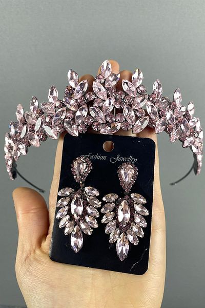 Hobigram Set de coroană și cercei cu henna de mireasă Subra roz pentru cele mai frumoase mirese – coroană, piatră de cristal, model elegant