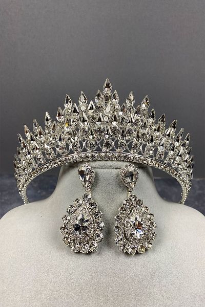 Hobigram Set de coroană și cercei de mireasă 3D cu picătură de argint pentru cele mai frumoase mirese – coroană, cu piatră de cristal – coroană –