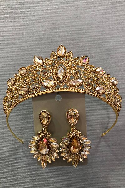 Hobigram Set coroană și cercei de mireasă din piatră de sticlă de cristal de culoare aurie pentru cele mai frumoase mirese – coroană, piatră de cristal – T