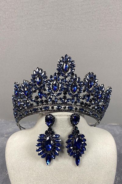 Hobigram Cele mai frumoase mirese bleumarin Godiva High Bridal Henna Tiara și Cercei de seară cu navetă – Coroană, piatră de cristal