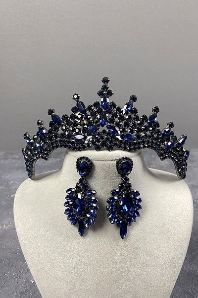 Hobigram Set de coroană și cercei cu pietre de mireasă Henna cu pietre de Tokyo bleumarin pentru cele mai frumoase mirese – Coroană – Tiara