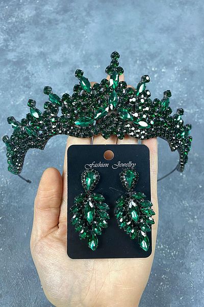 Hobigram Set de coroană și cercei Henna de mireasă cu piatră verde Tokyo pentru cele mai frumoase mirese – Coroană, piatră de cristal – Coroană