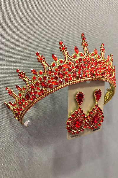 Hobigram Set de henna, coroană de mireasă și cercei cu carcasă metalică din piatră de sticlă de cristal roșu pentru cele mai frumoase mirese – Coroană –