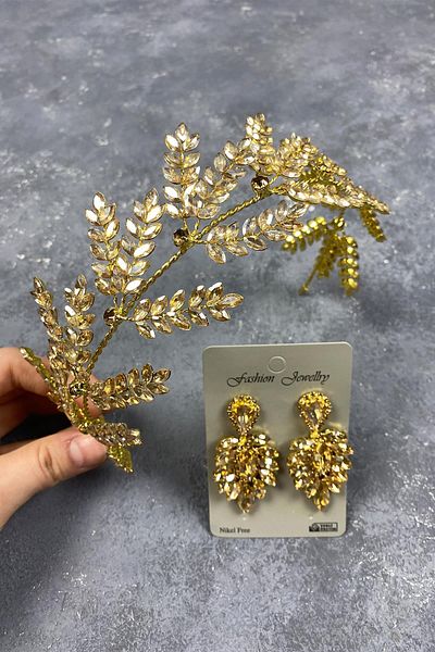 Hobigram Accesoriu de păr de mireasă cu ramuri de frunze de dilana de miere și cercei cu navetă pentru cele mai frumoase mirese – coroană – tiara