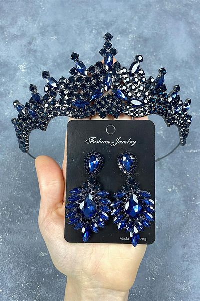 Hobigram Set de coroană și cercei cu pietre de mireasă Henna cu pietre de Tokyo bleumarin pentru cele mai frumoase mirese – Coroană – Tiara