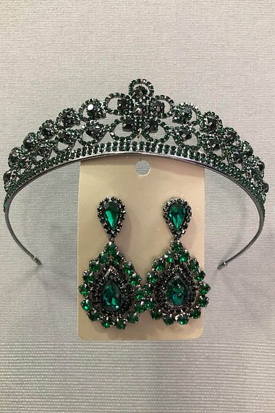 Hobigram Silver Color Bridal Tiara and Earring Set with Emerald Green Crystal Glass Stone for the Most Beautiful Brides – Crown – Crown