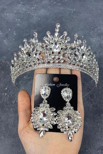 Hobigram Set Coroana de Mireasa Pera Argintie si Cercei Shuttle pentru Cele mai Frumoase Mirese – Coroana, Piatra de Cristal, Model Elegant – Coroana