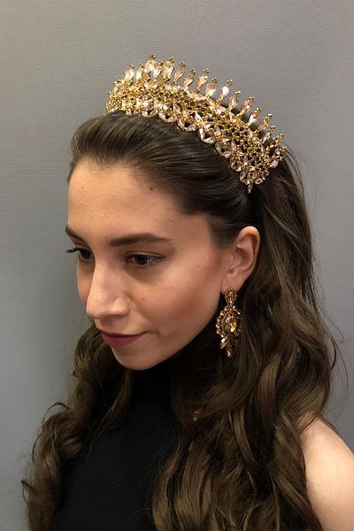 Hobigram Model Sultan Coroana și cercei de mireasă cu henna de culoarea miere pentru cele mai frumoase mirese – Coroană, piatră de cristal, model elegant