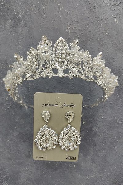 Hobigram Jabbah Model Tiara de Mireasa si Cercei cu Pietre pentru Cele mai Frumoase Mirese cu Perle – Coroana, Pietre de Cristal – Coroana –