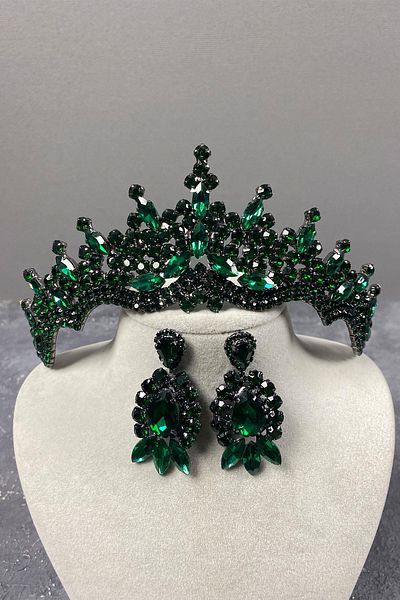 Hobigram Coroană de mireasă Henna și cercei cu sticlă verde Tokyo pentru cele mai frumoase mirese – Coroană, piatră de cristal, modă elegantă