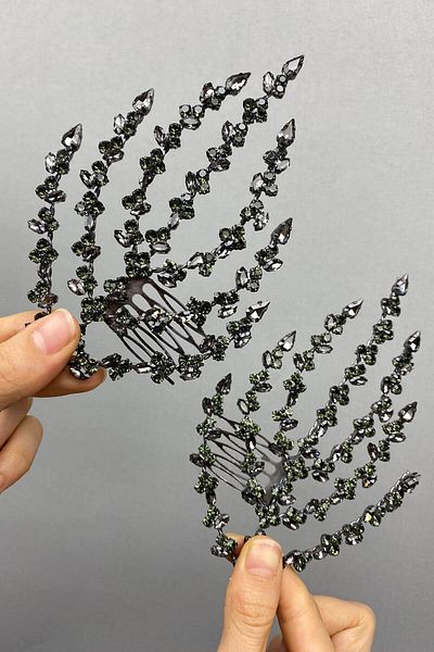 Hobigram Accesoriu de păr cu model de frunze pe două fețe, gri antracit, coroană Henna pentru cele mai frumoase mirese – Coroană – Tiara