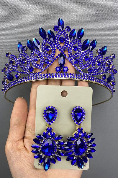 Hobigram Saks Blue Bridal Henna Tiara și Cercei pentru cele mai frumoase mirese – Coroană, Crystal Stone, Model elegant, Tiara de mireasă