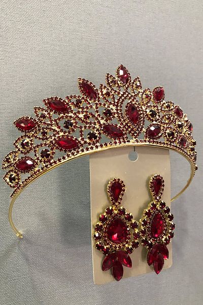 Hobigram Set de coroană de mireasă din aur cu piatră de cristal roșu închis și cercei pentru cele mai frumoase mirese – Coroană – Tiara