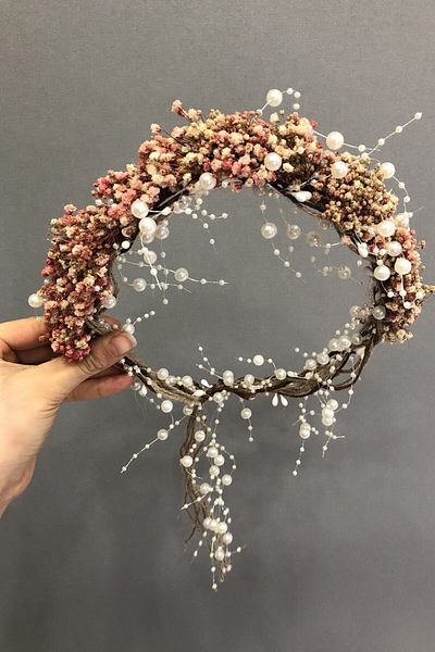 Hobigram Coroană cu flori uscate cu perle pudrate pentru cele mai frumoase mirese – Coroană, piatră de cristal, model elegant, coroană de mireasă – coroană