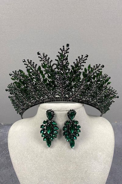 Hobigram Green Nairobi Bead Embroidered Bridal Henna Tiara and Stone Earring Set for the Most Beautiful Brides – Crown – Crown