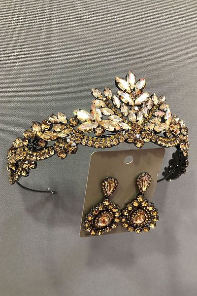 Hobigram Set de henna, coroană de mireasă și cercei cu carcasă metalică cu pietre de cristal de culoare aurie pentru cele mai frumoase mirese – Coroană –