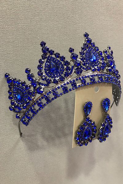 Hobigram Set Henna, Tiara Mireasa Si Cercei Cu Carcasa Metalica Cu Cristale Albastru Marin pentru Cele mai Frumoase Mirese – Coroana – Coroana