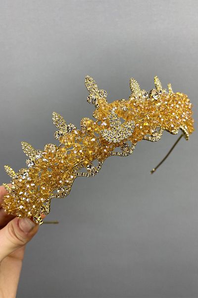 Hobigram Coroană de mireasă cu henna din piatră de migdale cu mărgele de cristal pentru cele mai frumoase mirese – Coroană, cu piatră de cristal, model elegant – T