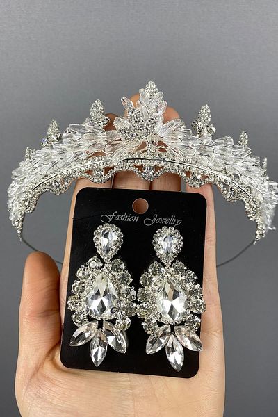 Hobigram Set de coroană și cercei de mireasă cu cristal Lena argintiu pentru cele mai frumoase mirese – coroană, piatră de cristal, model elegant – T