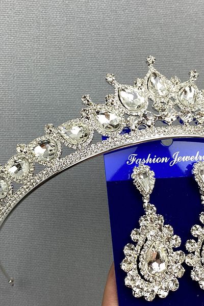 Hobigram Set de coroană de mireasă și cercei cu picătură Ade Model pentru cele mai frumoase mirese – Coroană, piatră de cristal, model elegant – Coroană –