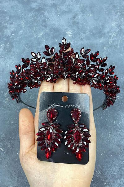 Hobigram Set de coroană și cercei de mireasă cu mărgele Asleny Burgundy pentru cele mai frumoase mirese – Coroană – Tiara