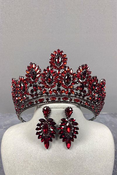 Hobigram Cele mai frumoase mirese Burgundy Godiva High Bridal Henna Crown și Shuttle Stone Set de cercei de seară – Coroană – Tiara
