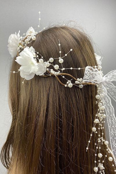 Hobigram Coroană de mireasă cu design special și accesoriu de păr cu flori și perle pentru cele mai frumoase mirese – Coroană, piatră de cristal – T
