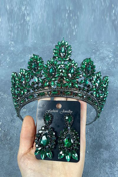 Hobigram Green Godiva High Bridal Henna Tiara și Cercei cu navetă pentru cele mai frumoase mirese – Coroană, Crystal Stone – Tiara –
