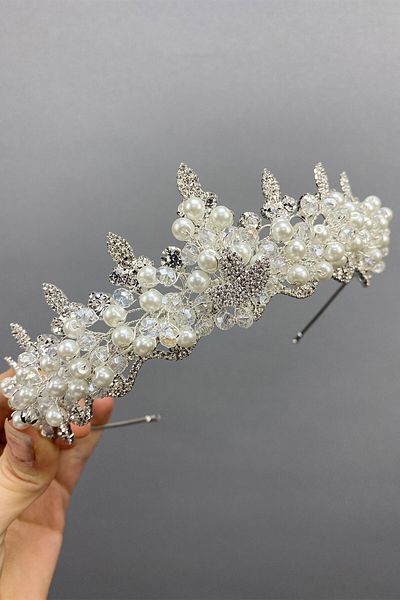 Hobigram Coroana de mireasa din piatra de migdale cu perle pentru cele mai frumoase mirese – Coroana, piatra de cristal, model elegant, coroana de mireasa – coroana