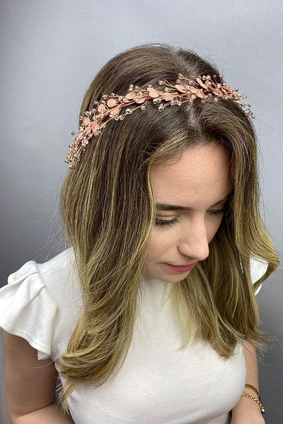 Hobigram Accesoriu de păr cu ramură de primăvară emailată de culoare trandafir pentru cele mai frumoase mirese – coroană, piatră de cristal, model elegant – coroană