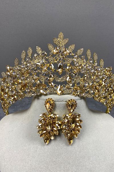 Hobigram Bridal Accessory Honey Color Bridal Henna Crown and Shuttle Stone Earring Set – Bridal Accessory, Stylish Design –