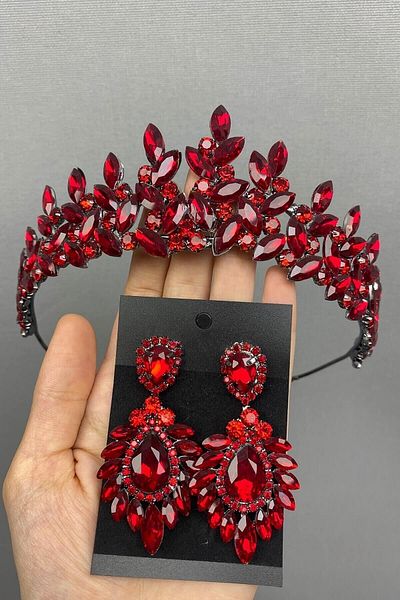 Hobigram Bridal Accessory Red Subra Model Bridal Henna Tiara and Earrings – Bridal Accessory, Stylish Design – Bridal