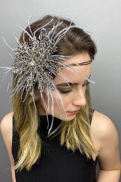 Hobigram Bridal Accessory Anthracite Gray Enzey Feathered Beaded Bridal Hair and Turban Accessory – Bridal Accessory –