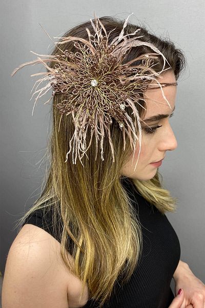 Hobigram Bridal Accessory Dusty Rose Enzey Feathered Beaded Bridal Hair and Turban Accessory – Bridal Accessory – g