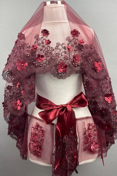 Hobigram Bridal Accessory Burgundy Aden Floral Bridal Henna Veil Face Cover – Bridal Accessory, Stylish Design – Ge
