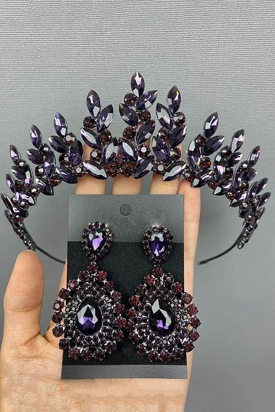 Hobigram Bridal Accessory Purple Subra Bridal Henna Crown and Earrings – Bridal Accessory, Stylish Design, Women's Accessory