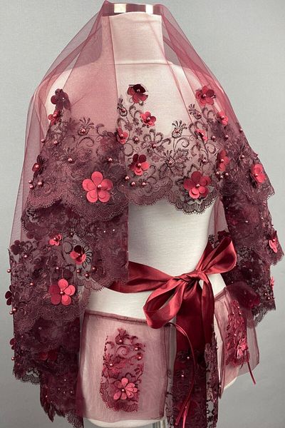 Hobigram Bridal Accessory Burgundy Aden Floral Bridal Henna Veil Face Cover – Bridal Accessory, Stylish Design – Ge