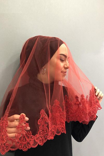 Hobigram Bridal Accessory Red Lace Bridal Veil Henna Face Cover – Bridal Accessory, Stylish Design – Geli