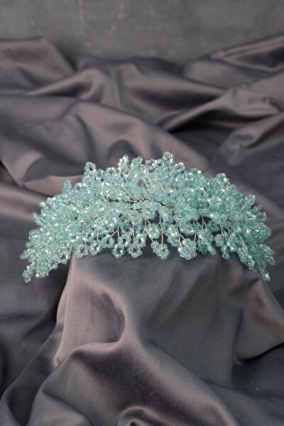 Hobigram Gelin Aksesuarı Su Yeşili Nilsu Boncuklu Gelin Tacı Saç Ve Türban Ak...