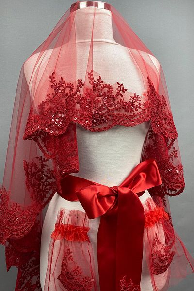 Hobigram Bridal Accessory Red Alis Sequin Bridal Veil Henna Face Cover – Bridal Accessory, Stylish Design – Ge