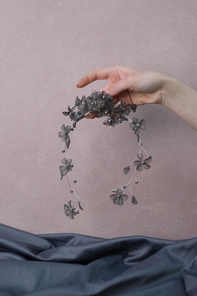 Hobigram Bridal Accessory Anthracite Gray Mila Flower Branch Motif Bridal Henna Crown – Bridal Accessory, Stylish Design
