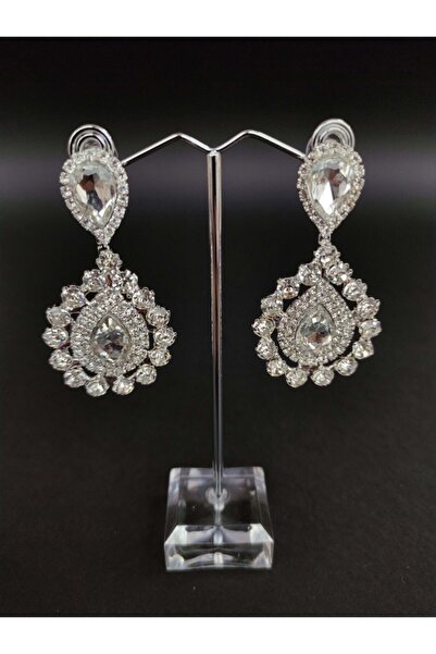 Hobigram Küpe Çeşitleri Beyaz Kristal Taşlı Kına Düğün Gelin Küpesi – Bijuteri Küpe, Şık Tasarım – Bijuteri