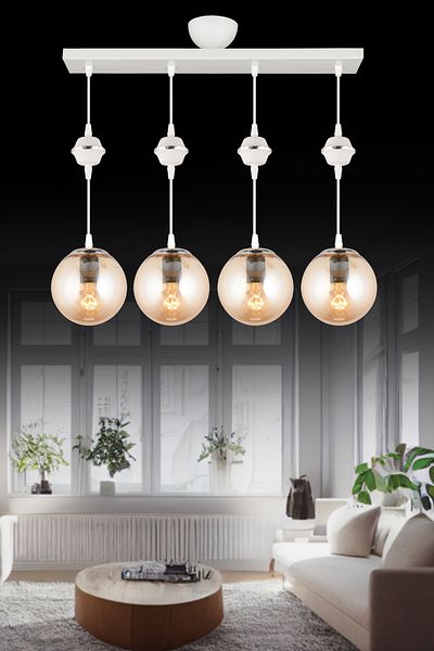 SONSUZ AYDINLATMA&AVİZE Row of White 4-Piece Bal Glop Top Glass Downward Facing Luxury Chandelier