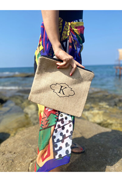 K Harfli Clutch Çanta - Jüt Kumaş