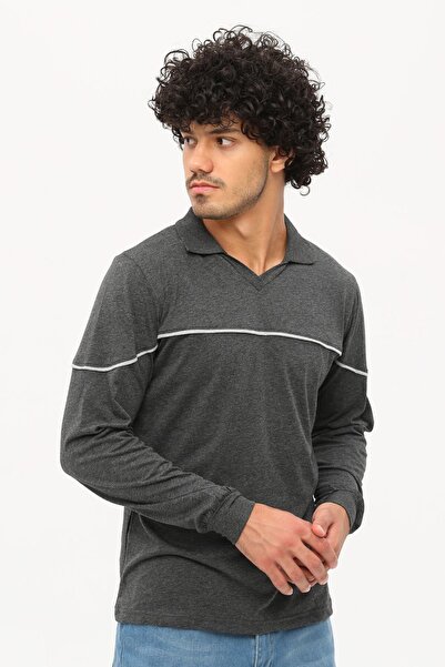 Uniprom Μπλουζάκι Βαμβακερό Μακρυμάνικο Γιακά Πόλο 100% Βαμβάκι Anthracite Melange