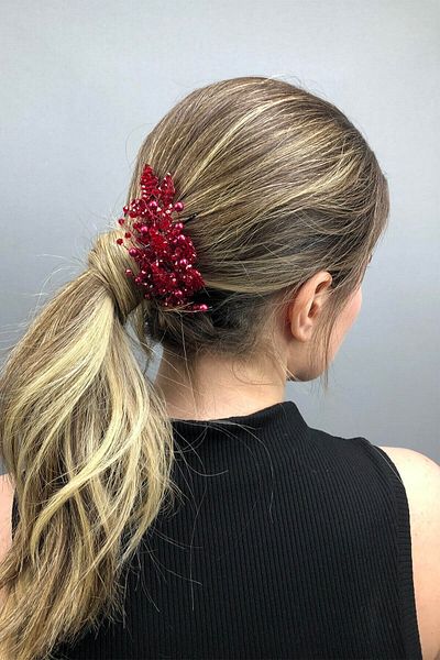 Hobigram Bridal Accessory Burgundy Leaf Pattern Crystal and Pearl Bridal Hair Accessory – Bridal Accessory – Bridal