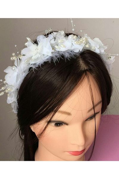 Hobigram Bridal Accessory White Chiffon Flower 4 Petals Pearl Bridal Crown Cyf29 – Bridal Accessory – Bridal Ak