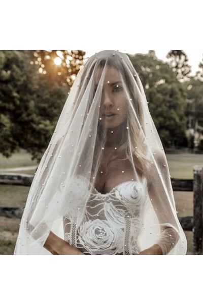 Hobigram Bridal Accessory Off White Pearl Scalloped 1 Meter Veil Pearl Veil – Bridal Accessory, Stylish Design