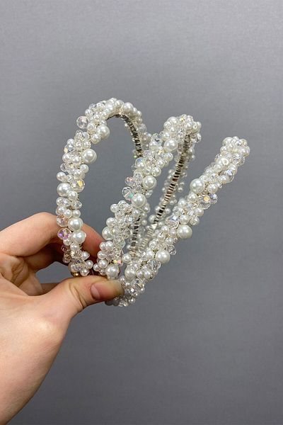 Hobigram Bridal Accessory Pearl and Crystal Beaded 3 Row Bridal Crown Hair Accessory – Bridal Accessory – Geli