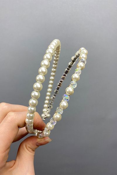 Hobigram Bridal Accessory Double Row Pearl and Crystal Beaded Crown Hair Accessory – Bridal Accessory, Stylish Design